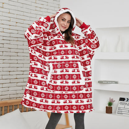 Übergroße Hoodie-Decke aus Fleece mit Sherpa-Futter, großer Kapuze und Kängurutasche in Rot mit Hirschmotiv