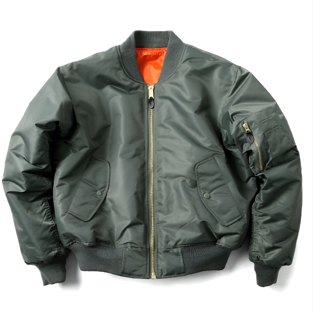 Unisex-Bomberjacke mit Rippstrickkragen, Ärmeltasche und Reißverschluss für Herbst und Winter in Grün