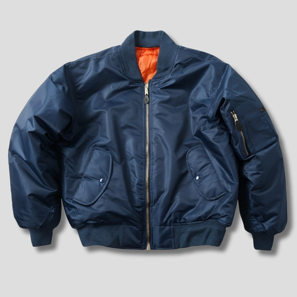 Unisex-Bomberjacke mit Rippstrickkragen, Ärmeltasche und Reißverschluss für Herbst und Winter in Blau