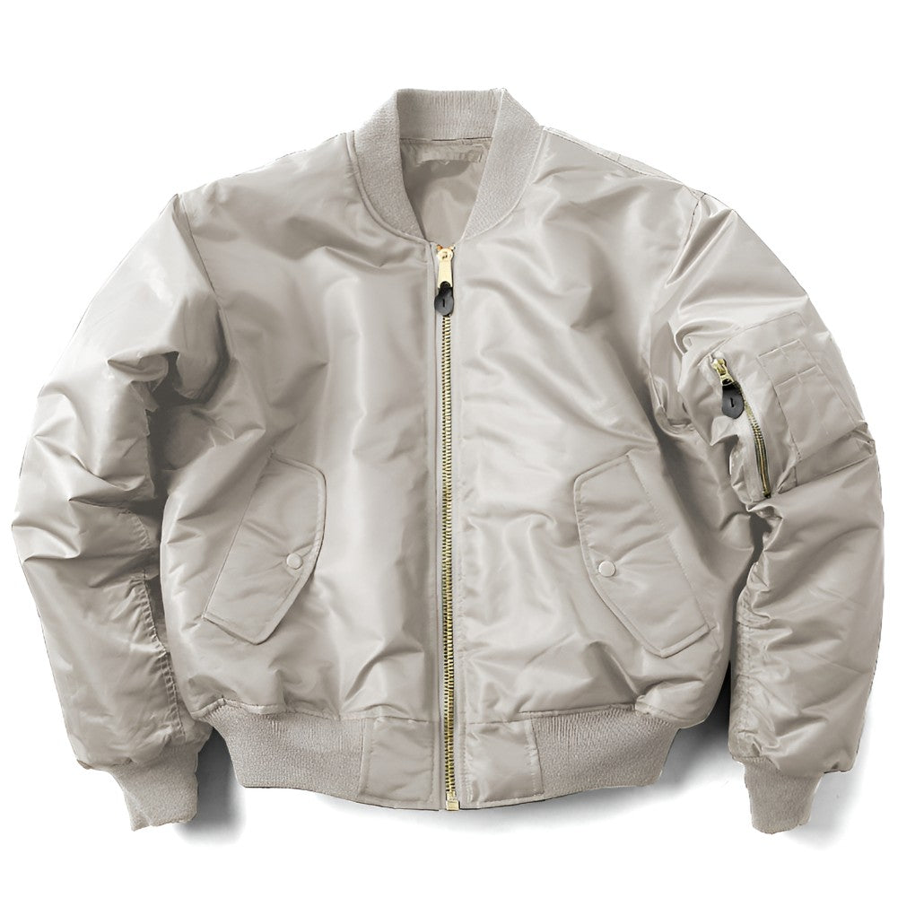 Unisex-Bomberjacke mit Rippstrickkragen, Ärmeltasche und Reißverschluss für Herbst und Winter in Hellgrau