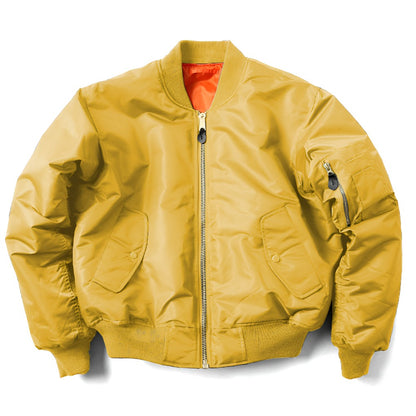 Unisex-Bomberjacke mit Rippstrickkragen, Ärmeltasche und Reißverschluss für Herbst und Winter in Gelb