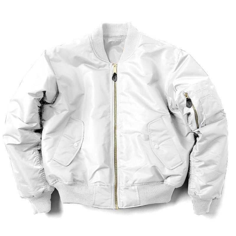 Unisex-Bomberjacke mit Rippstrickkragen, Ärmeltasche und Reißverschluss für Herbst und Winter in Weiß