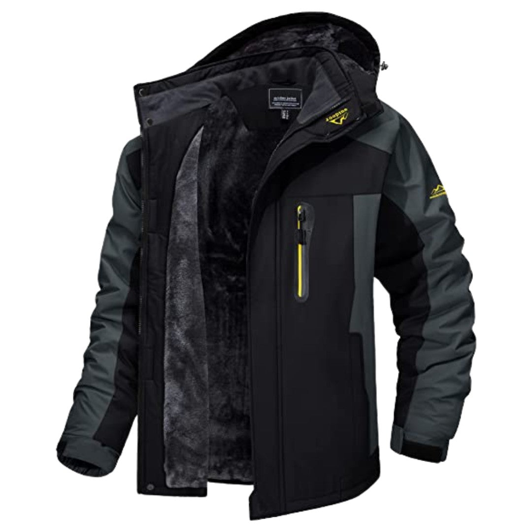 Unisex-Outdoor-Winterjacke mit Kapuze, Fleecefutter und winddichter, wasserabweisender Außenschicht in Schwarz