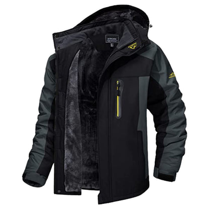 Unisex-Outdoor-Winterjacke mit Kapuze, Fleecefutter und winddichter, wasserabweisender Außenschicht in Schwarz