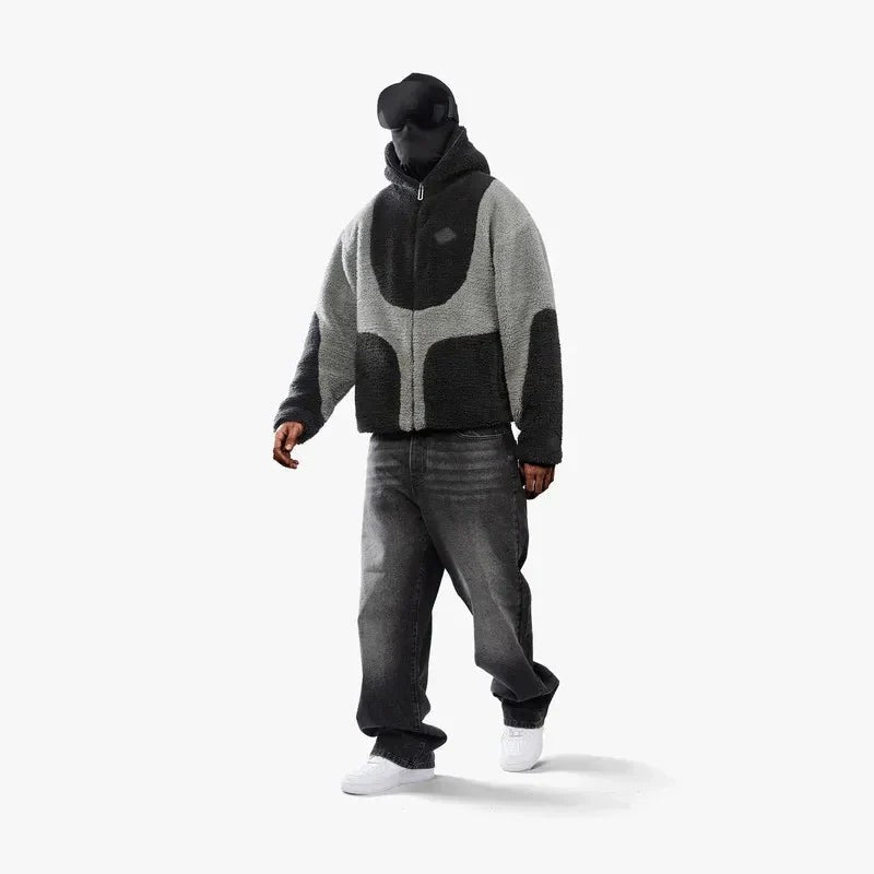 Unisex-Teddyfleece-Kapuzenjacke mit durchgehendem Reißverschluss und Colourblock-Design, Ansicht 4