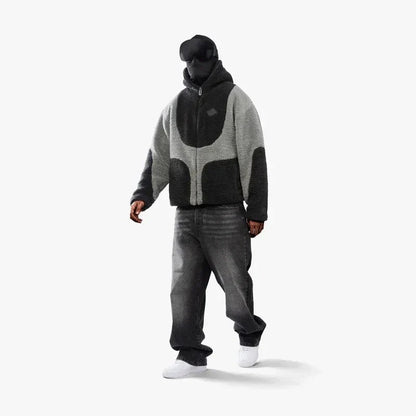 Unisex-Teddyfleece-Kapuzenjacke mit durchgehendem Reißverschluss und Colourblock-Design, Ansicht 4