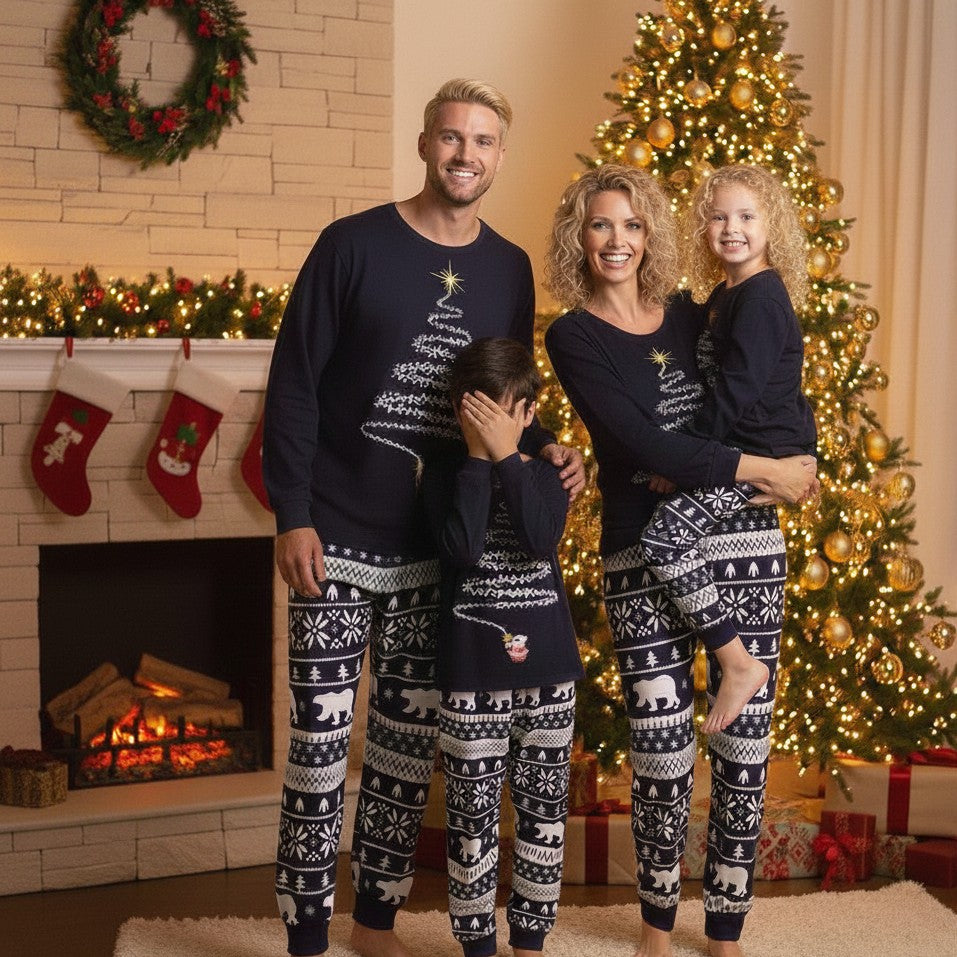 Unisex-Weihnachtsschlafanzug für die Familie mit Winterprint, passend für Erwachsene, Kinder und Hund in Marineblau