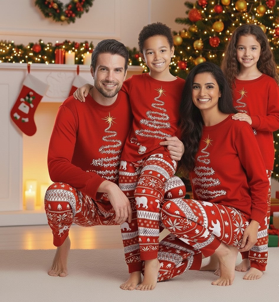 Unisex-Weihnachtsschlafanzug für die Familie mit Winterprint, passend für Erwachsene, Kinder und Hund in Rot