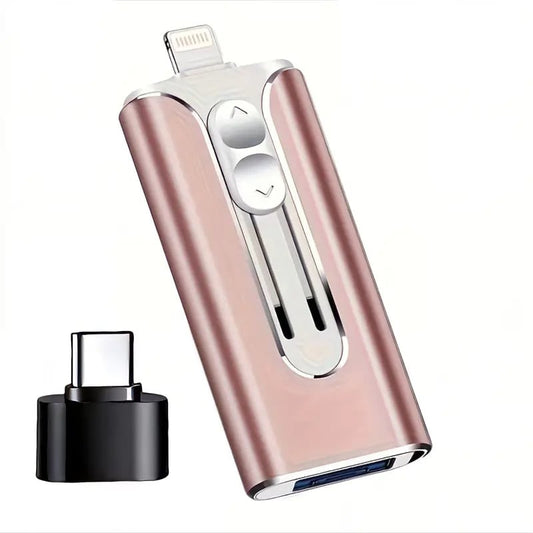 USB-Stick mit Lightning, USB-A und USB-C-Adapter für iPhone, Android und Computer in Rosa