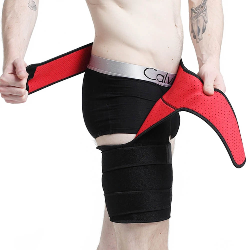 Verstellbare Hüftbandage mit Oberschenkelmanschette und Klettverschluss für Damen und Herren in Schwarz-Rot