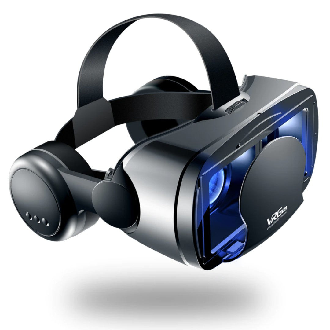 Schwarze VR-Brille mit integrierten Kopfhörern