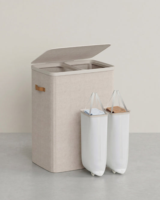 Wäschekorb mit 2 Fächern, 170 Liter, Deckel und herausnehmbaren Wäschesäcken in Beige