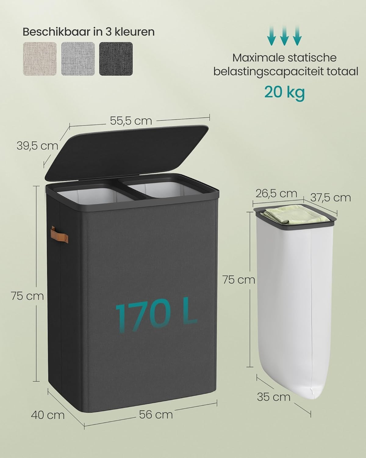 Wäschekorb mit 2 Fächern, 170 Liter, Deckel und herausnehmbaren Wäschesäcken, Ansicht 4