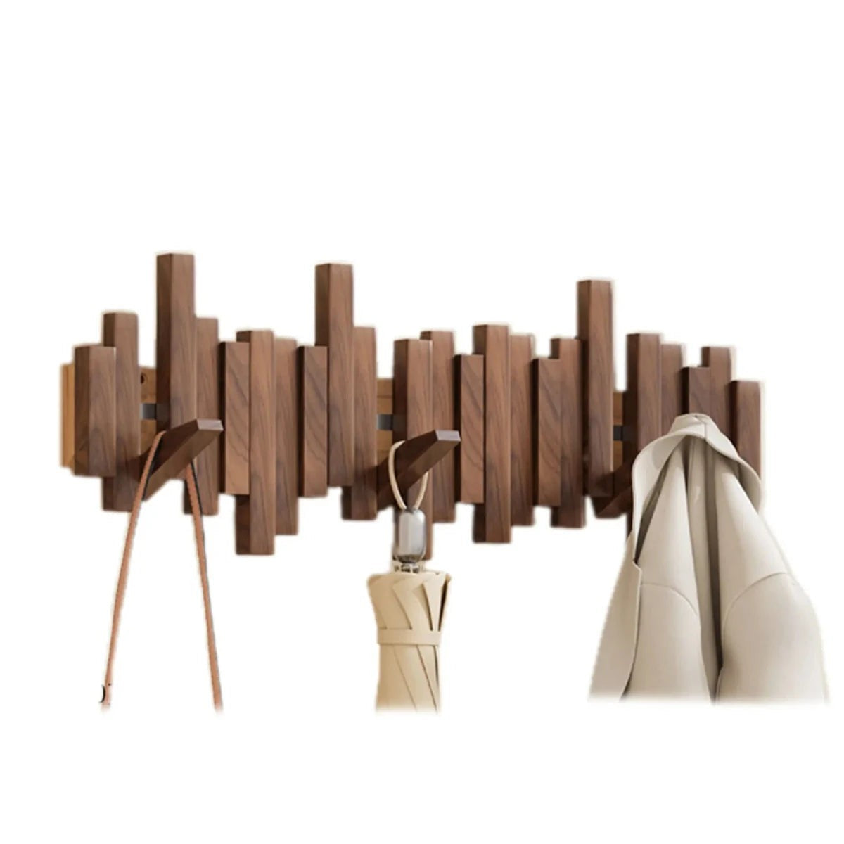 Wandgarderobe aus Walnussholz im Klaviertasten-Design mit Mantel und Kopfhörer