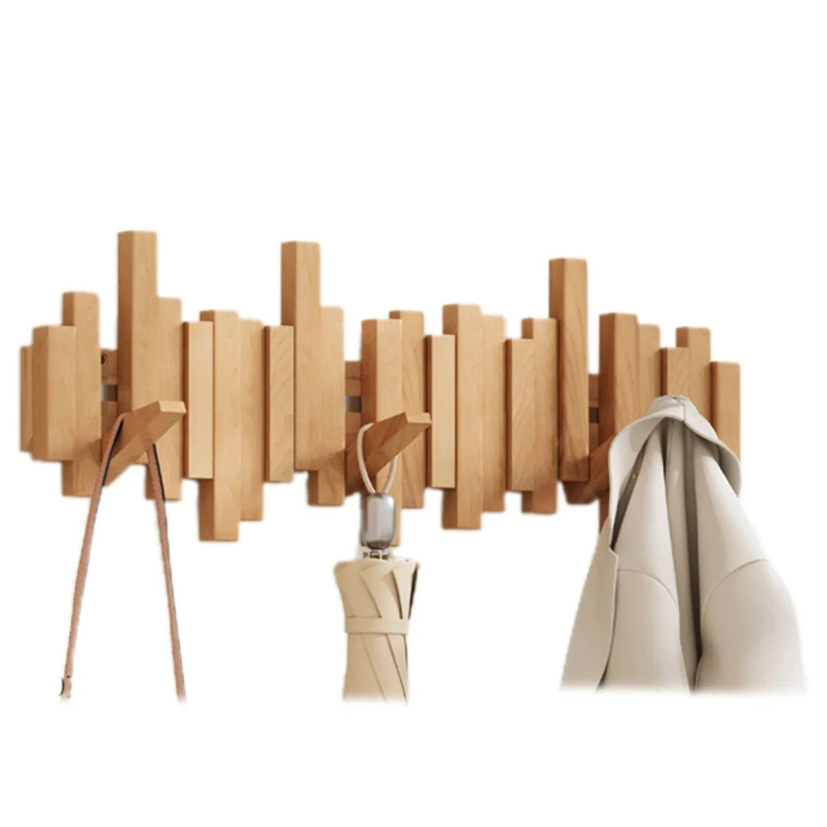 Wandgarderobe aus Massivholz im Klaviertasten-Design mit klappbaren Haken, Ansicht 2