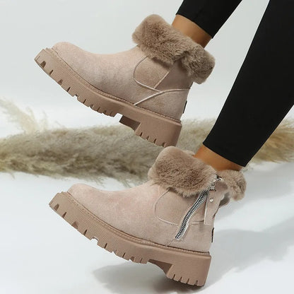 Warme Damen-Winterstiefeletten in Veloursoptik mit Kunstfellrand, Seitenreißverschluss und Profilsohle, Ansicht 4