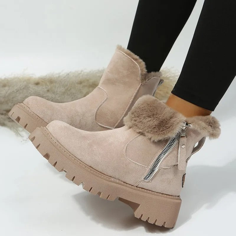 Warme Damen-Winterstiefeletten in Veloursoptik mit Kunstfellrand, Seitenreißverschluss und Profilsohle, Ansicht 5