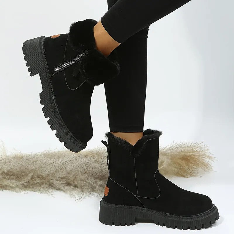 Warme Damen-Winterstiefeletten in Veloursoptik mit Kunstfellrand, Seitenreißverschluss und Profilsohle, Ansicht 6