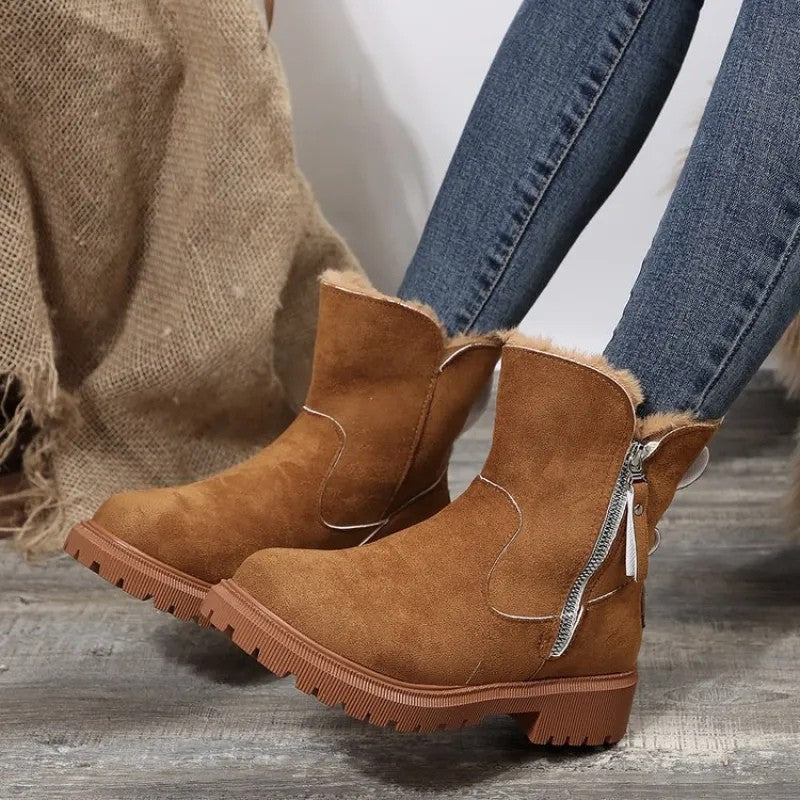 Warme Damen-Winterstiefeletten in Veloursoptik mit Kunstfellrand, Seitenreißverschluss und Profilsohle in Braun