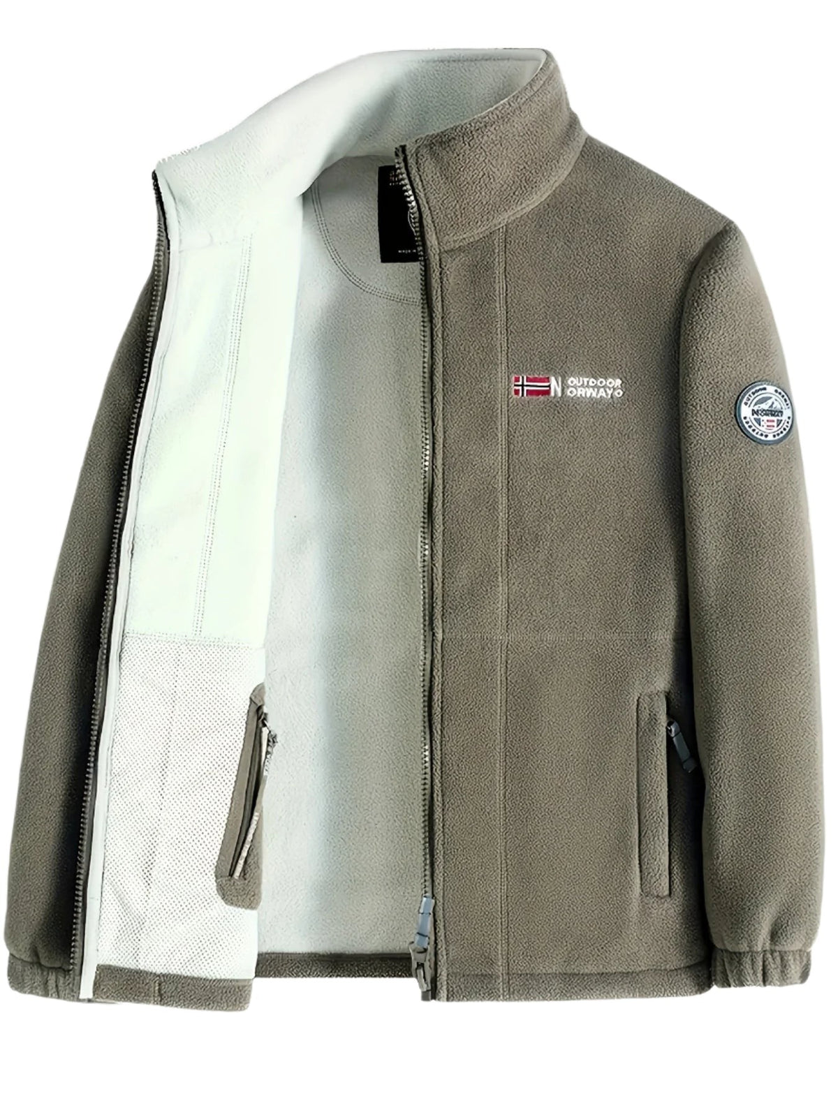 Warme Fleecejacke für Herren mit Stehkragen, Reißverschlusstaschen und Fleecefutter in Khaki