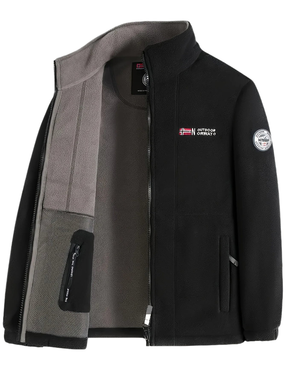 Warme Fleecejacke für Herren mit Stehkragen, Reißverschlusstaschen und Fleecefutter in Schwarz