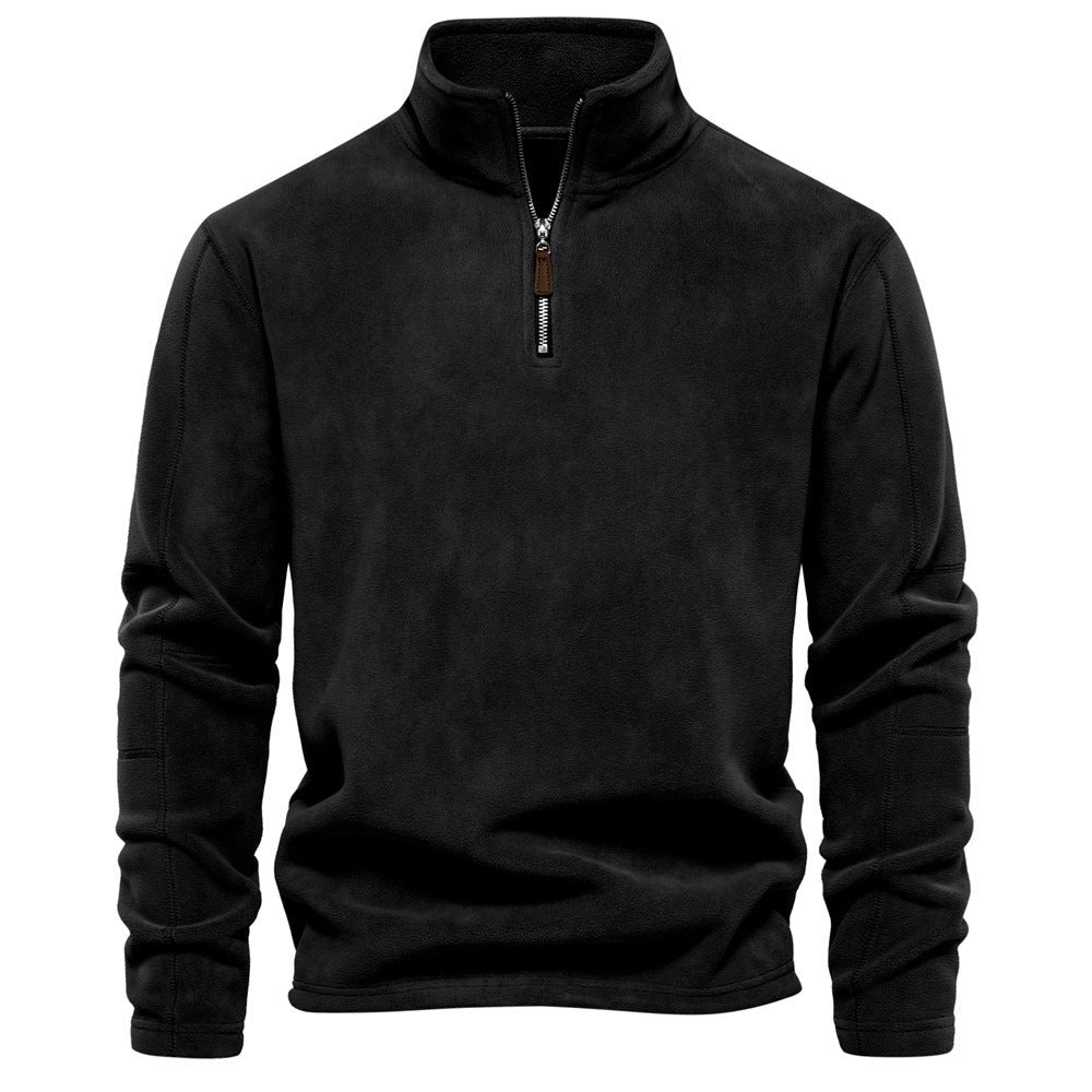 Warmer Fleece-Pullover für Herren mit halbem Reißverschluss und Stehkragen in Schwarz