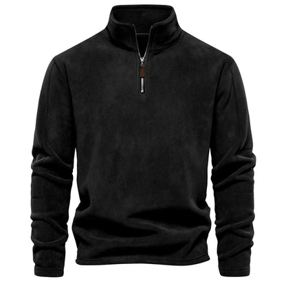 Warmer Fleece-Pullover für Herren mit halbem Reißverschluss und Stehkragen in Schwarz