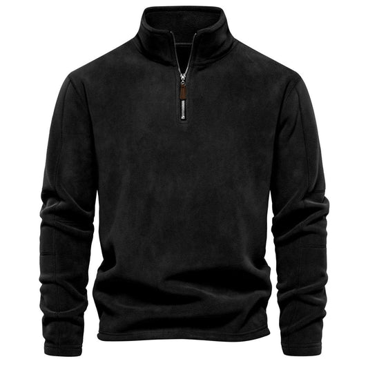 Warmer Fleece-Pullover für Herren mit halbem Reißverschluss und Stehkragen in Schwarz