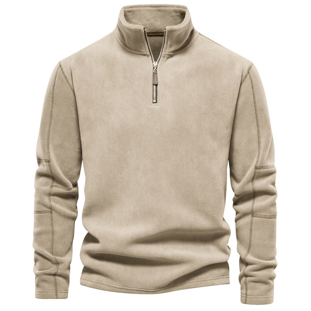 Warmer Fleece-Pullover für Herren mit halbem Reißverschluss und Stehkragen in Khaki