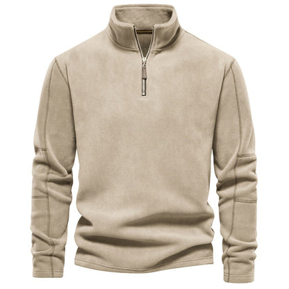 Warmer Fleece-Pullover für Herren mit halbem Reißverschluss und Stehkragen in Khaki