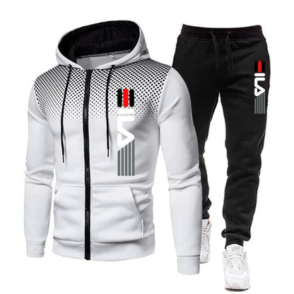 Warmer Winter-Trainingsanzug für Herren mit Kapuzenjacke, Reißverschluss und Jogginghose in Weiß