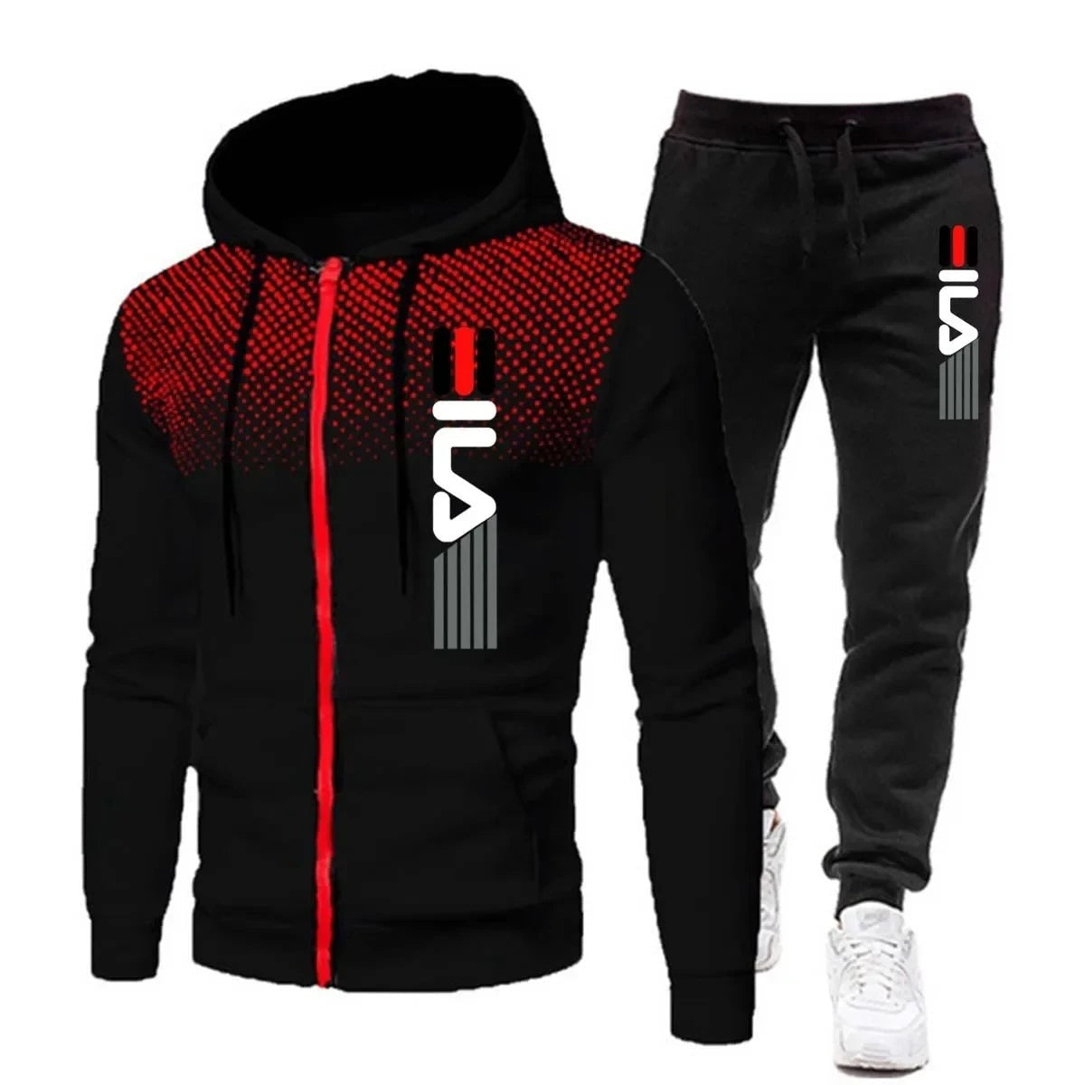 Warmer Winter-Trainingsanzug für Herren mit Kapuzenjacke, Reißverschluss und Jogginghose in Schwarz