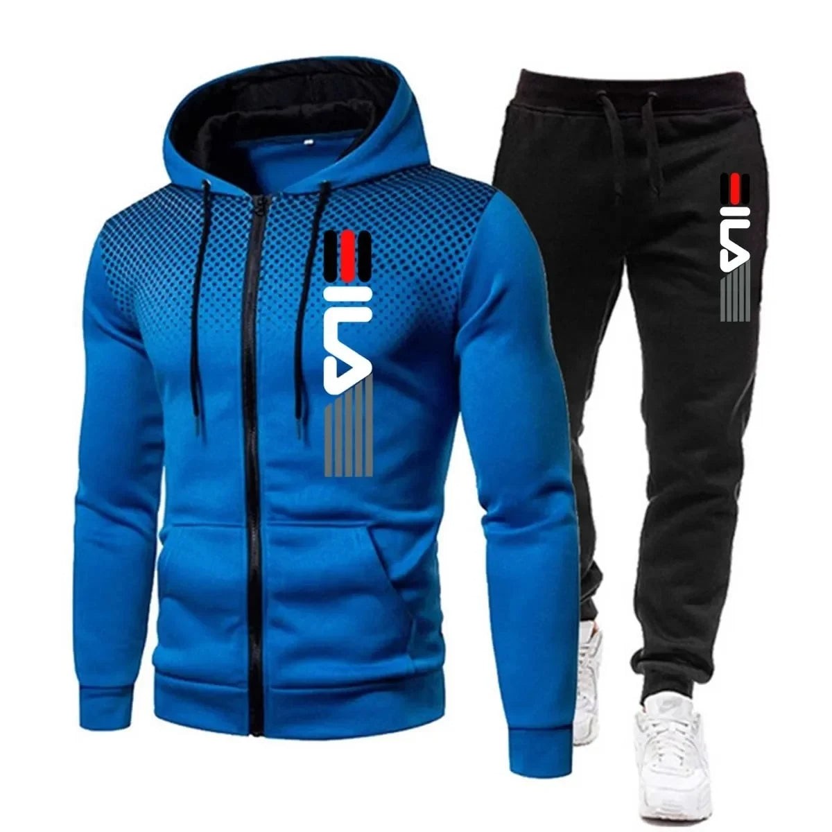 Warmer Winter-Trainingsanzug für Herren mit Kapuzenjacke, Reißverschluss und Jogginghose in Blau