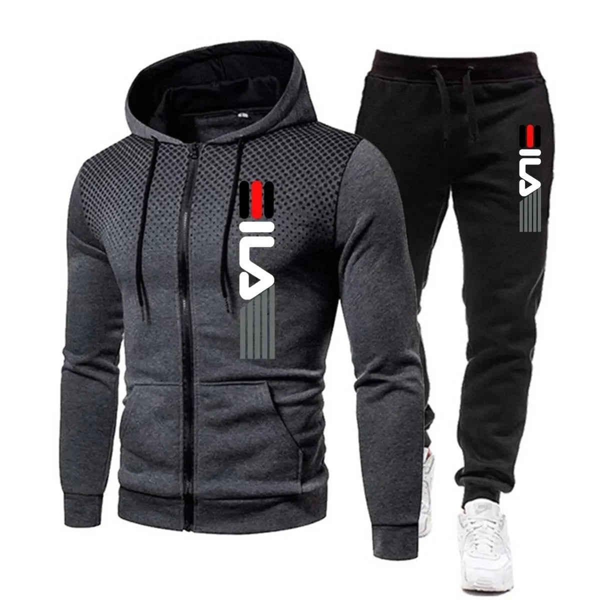 Warmer Winter-Trainingsanzug für Herren mit Kapuzenjacke, Reißverschluss und Jogginghose in Grau