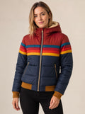 Wasserabweisende Damen-Pufferjacke mit Retro-Streifen und Kapuze mit Teddyfutter