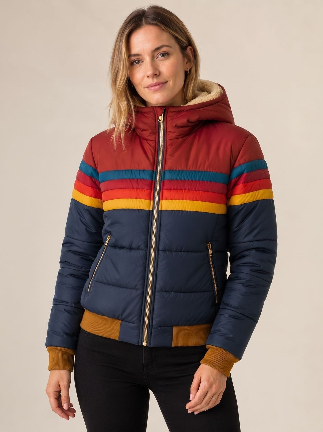 Wasserabweisende Damen-Pufferjacke mit Retro-Streifen und Kapuze mit Teddyfutter in Marineblau
