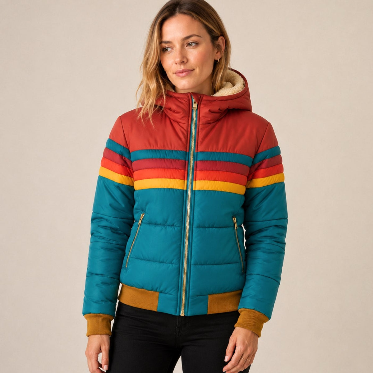 Wasserabweisende Damen-Pufferjacke mit Retro-Streifen und Kapuze mit Teddyfutter in Blau
