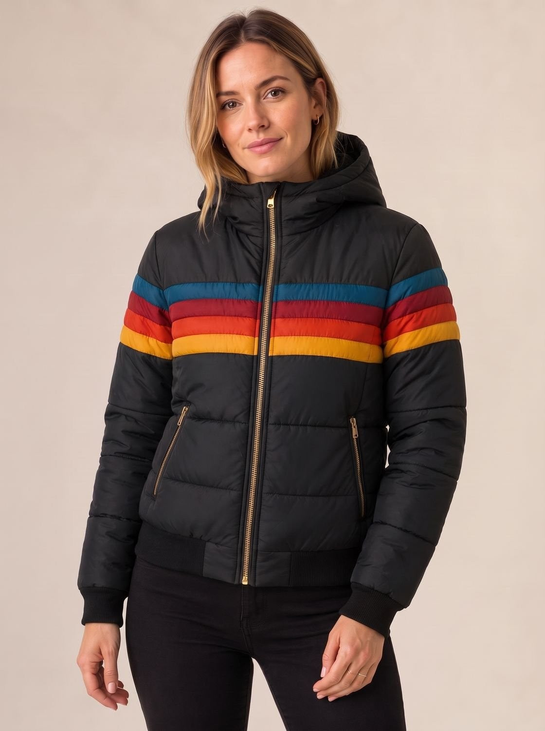 Wasserabweisende Damen-Pufferjacke mit Retro-Streifen und Kapuze mit Teddyfutter in Schwarz