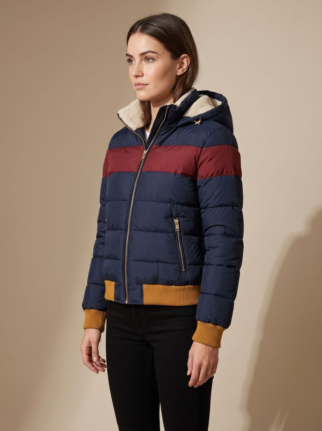 Wasserabweisende Damen-Pufferjacke mit Retro-Streifen und Kapuze mit Teddyfutter, Ansicht 4