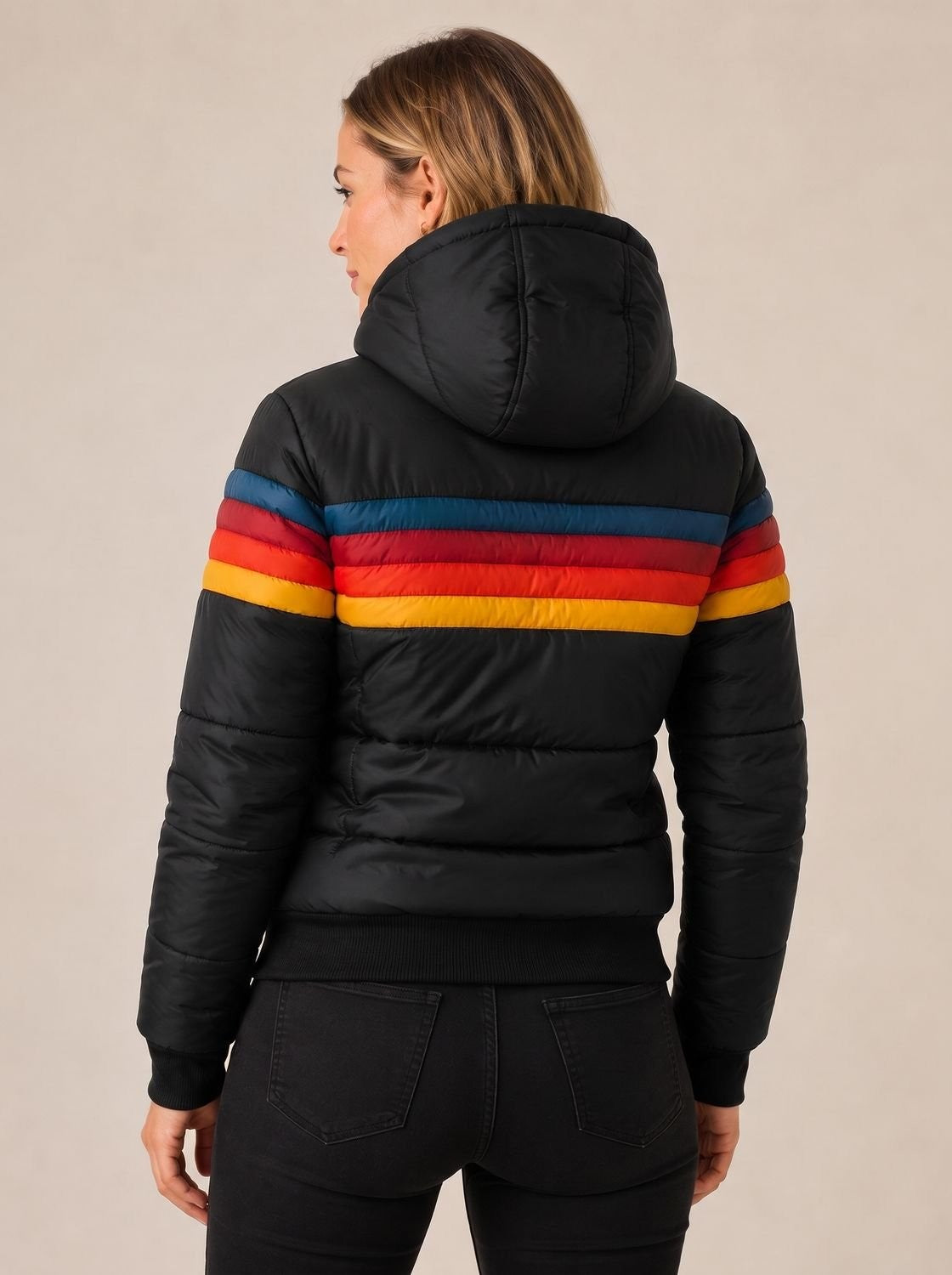 Wasserabweisende Damen-Pufferjacke mit Retro-Streifen und Kapuze mit Teddyfutter, Ansicht 5
