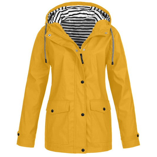 Wasserabweisende Damen-Regenjacke mit verstellbarer Kapuze, Sturmleiste und Pattentaschen in Gelb
