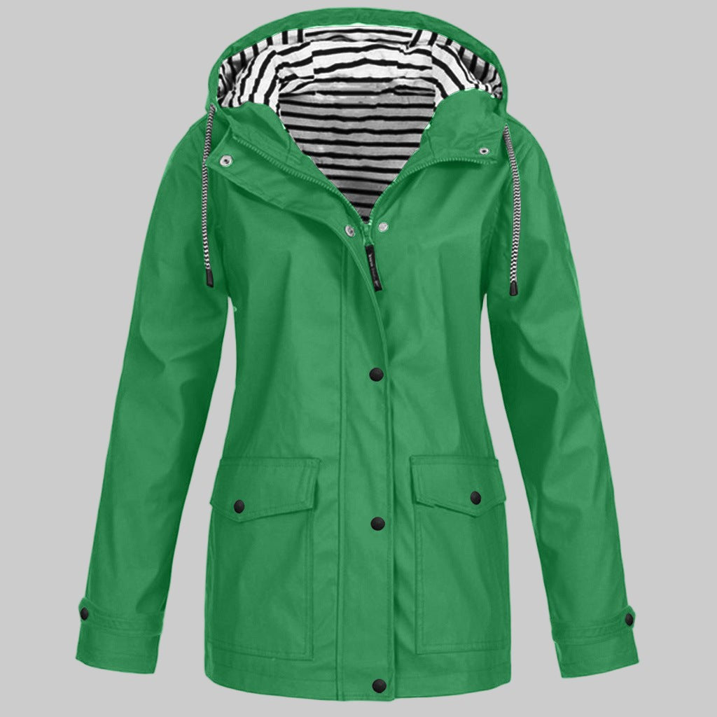 Wasserabweisende Damen-Regenjacke mit verstellbarer Kapuze, Sturmleiste und Pattentaschen in Türkis