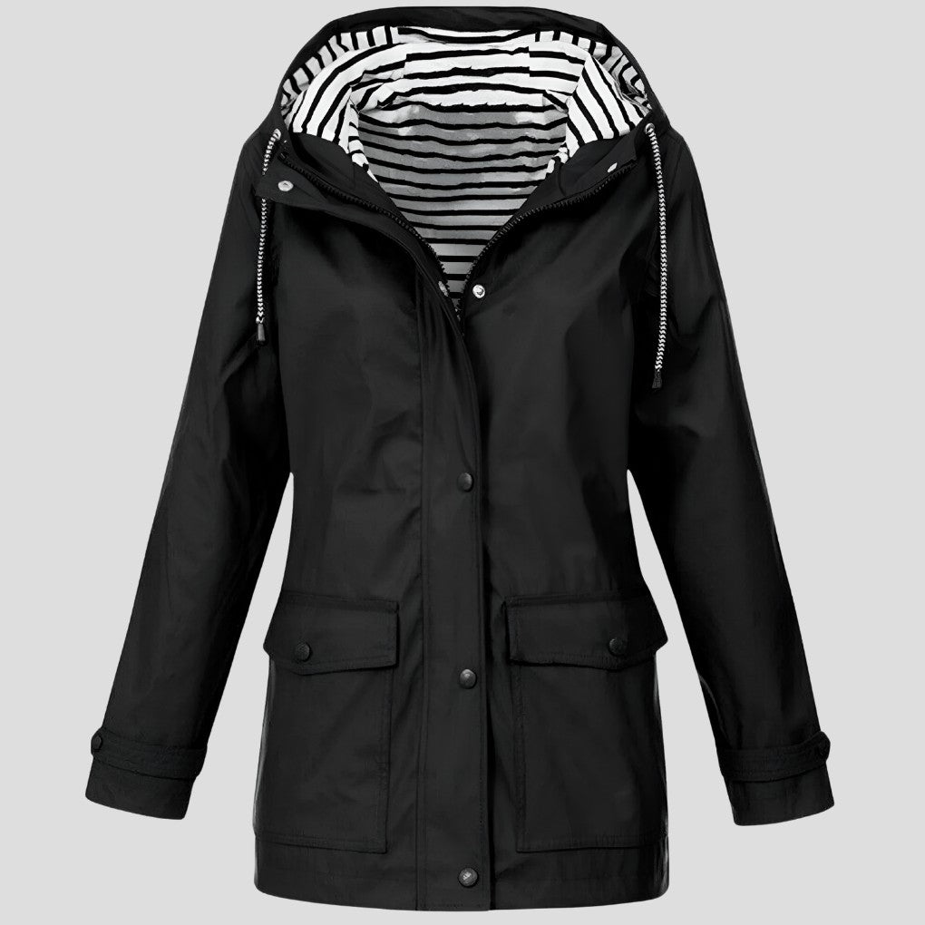 Wasserabweisende Damen-Regenjacke mit verstellbarer Kapuze, Sturmleiste und Pattentaschen in Schwarz