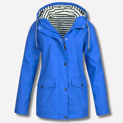 Wasserabweisende Damen-Regenjacke mit verstellbarer Kapuze, Sturmleiste und Pattentaschen in Blau