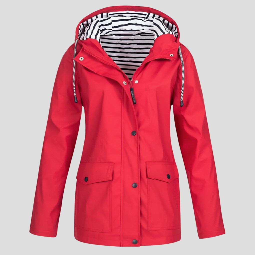 Wasserabweisende Damen-Regenjacke mit verstellbarer Kapuze, Sturmleiste und Pattentaschen in Rot