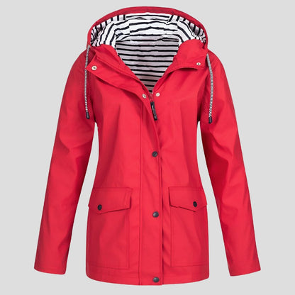 Wasserabweisende Damen-Regenjacke mit verstellbarer Kapuze, Sturmleiste und Pattentaschen in Rot