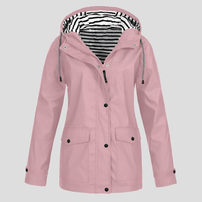 Wasserabweisende Damen-Regenjacke mit verstellbarer Kapuze, Sturmleiste und Pattentaschen in Pink