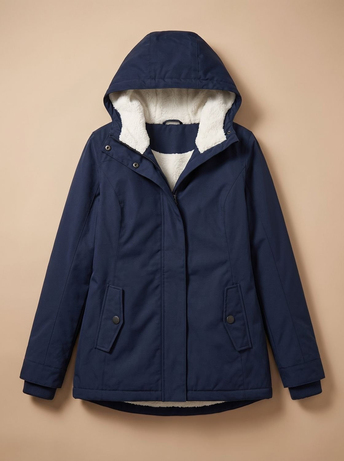 Wasserabweisende Damen-Winterjacke mit Teddyfutter, Kapuze und Pattentaschen in Navyblau