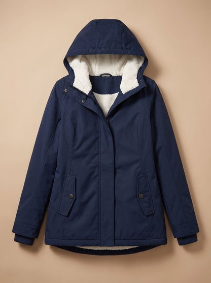 Wasserabweisende Damen-Winterjacke mit Teddyfutter, Kapuze und Pattentaschen in Navyblau