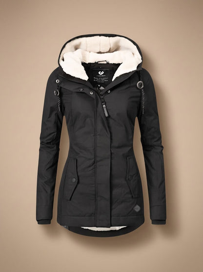 Wasserabweisende Damen-Winterjacke mit Teddyfutter, Kapuze und Pattentaschen in Schwarz
